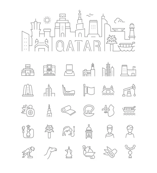 Ilustración lineal de Qatar con iconos — Vector de stock