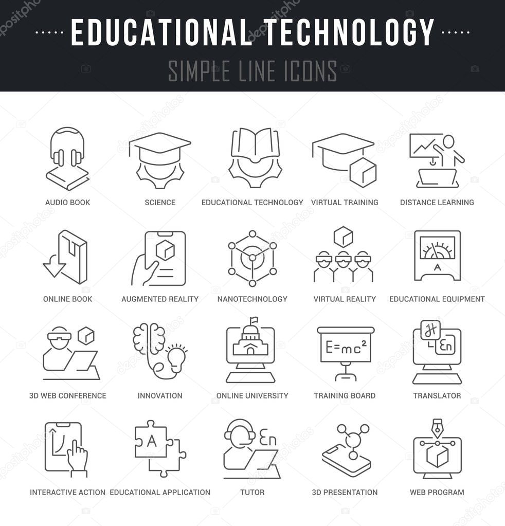 Collection linear icons of educational technology with names.