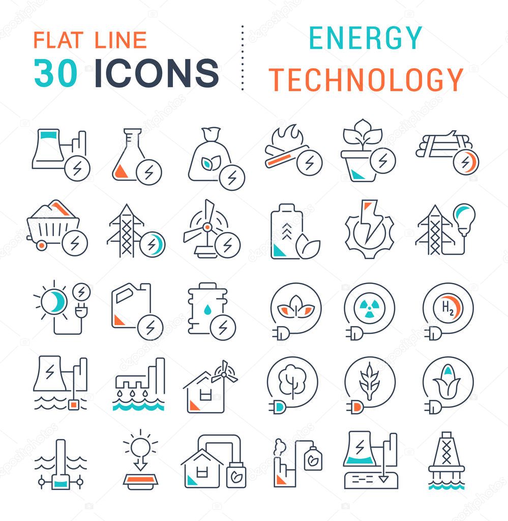 Set of vector line icons of energy technology for modern concepts, web and apps.