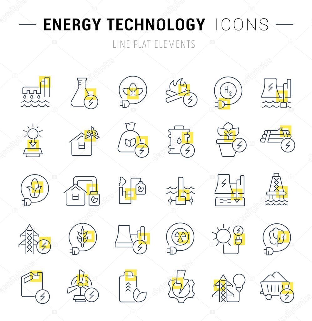 Set of vector line icons and signs with yellow squares of energy technology for excellent concepts.