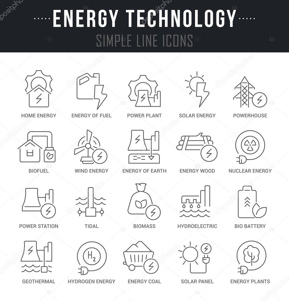 Collection linear icons of energy technology with names.