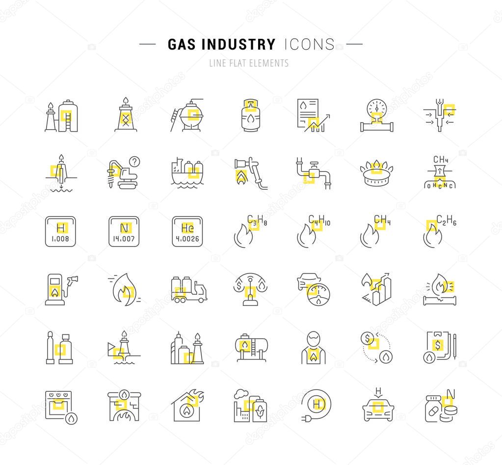 Set of vector line icons and signs with yellow squares of gas industry for excellent concepts.
