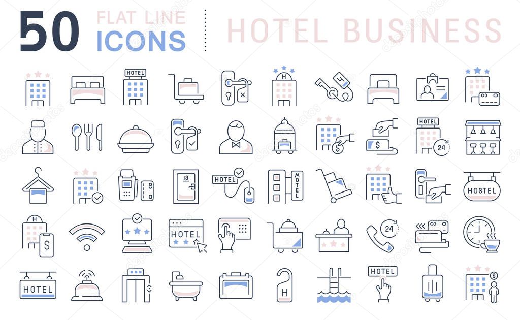 Set of vector line icons of hotel business for modern concepts, web and apps.