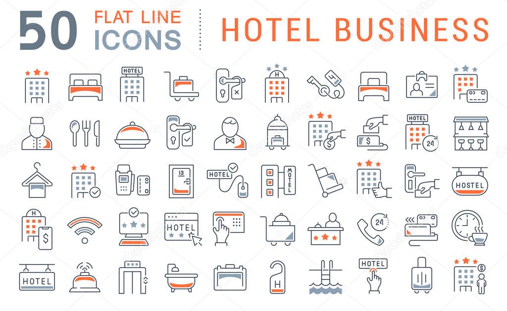 Set of vector line icons of hotel business for modern concepts, web and apps.