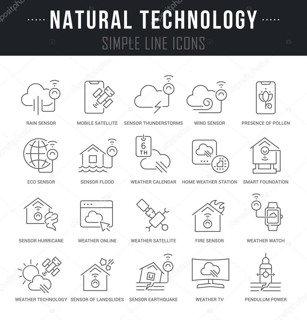 Collection linear icons of natural technology with names.