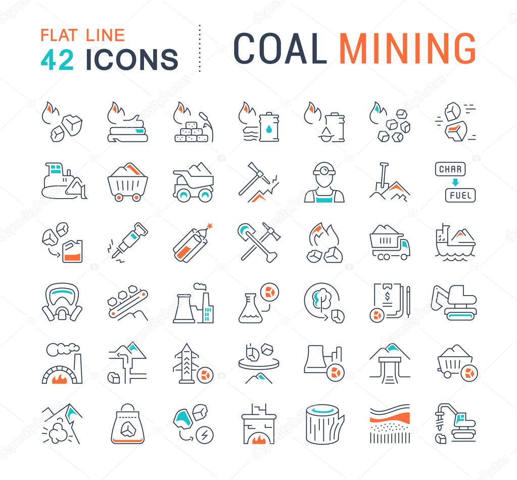 Set of vector line icons of coal mining for modern concepts, web and apps.