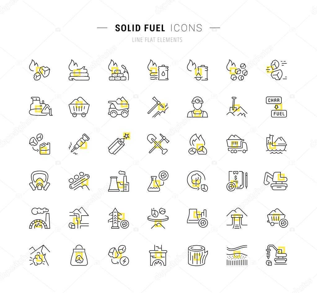 Set of vector line icons and signs with yellow squares of solid fuel for excellent concepts.