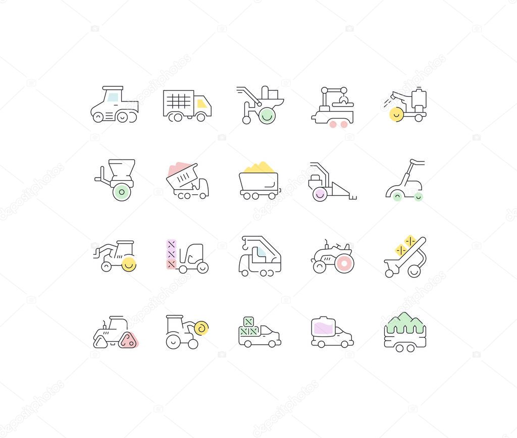 Set of outline signs and symbols of farm machinery. Collection vector thin line icons and infographics elements. Simple linear pictogram pack for web graphics and apps.