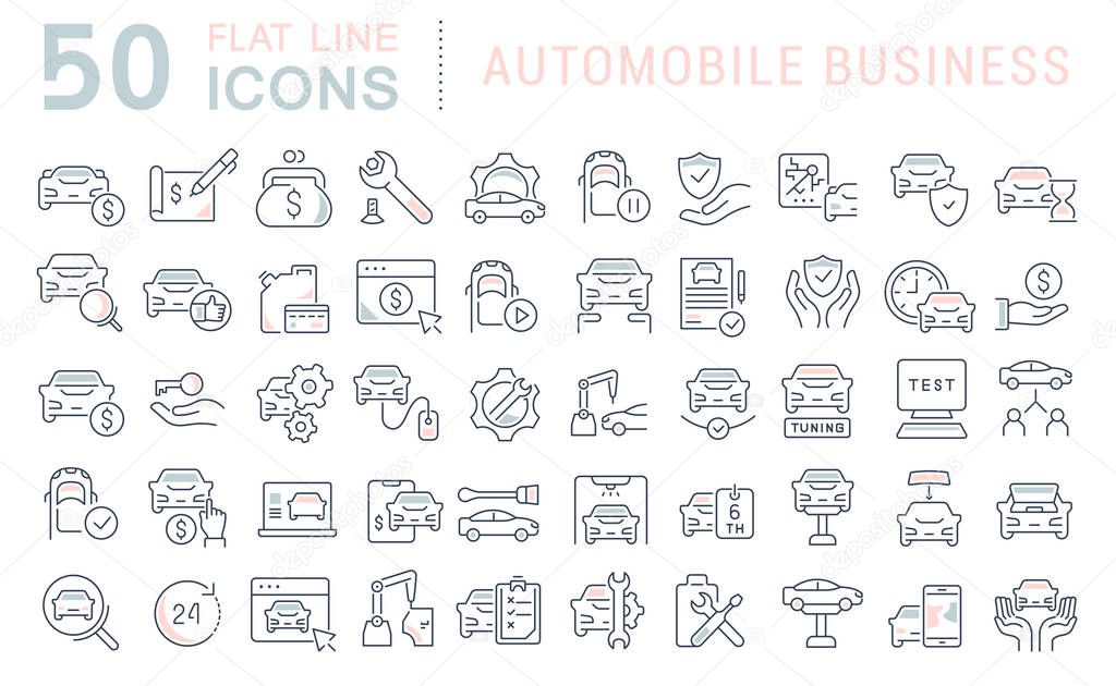 Set of vector line icons of automobile business for modern concepts, web and apps.