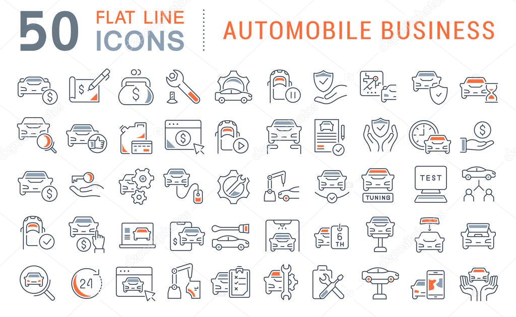 Set of vector line icons of automobile business for modern concepts, web and apps.