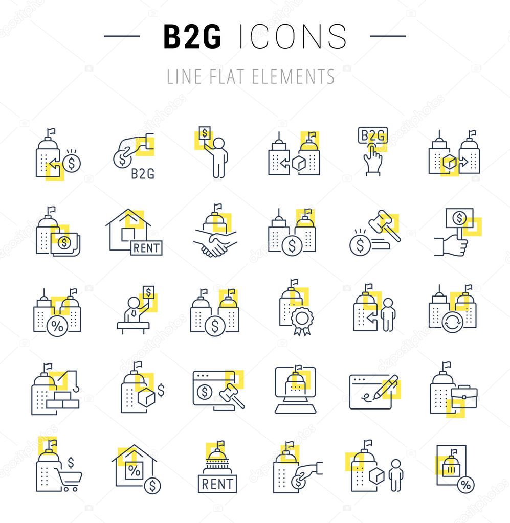 Set of vector line icons and signs with yellow squares of b2g for excellent concepts.