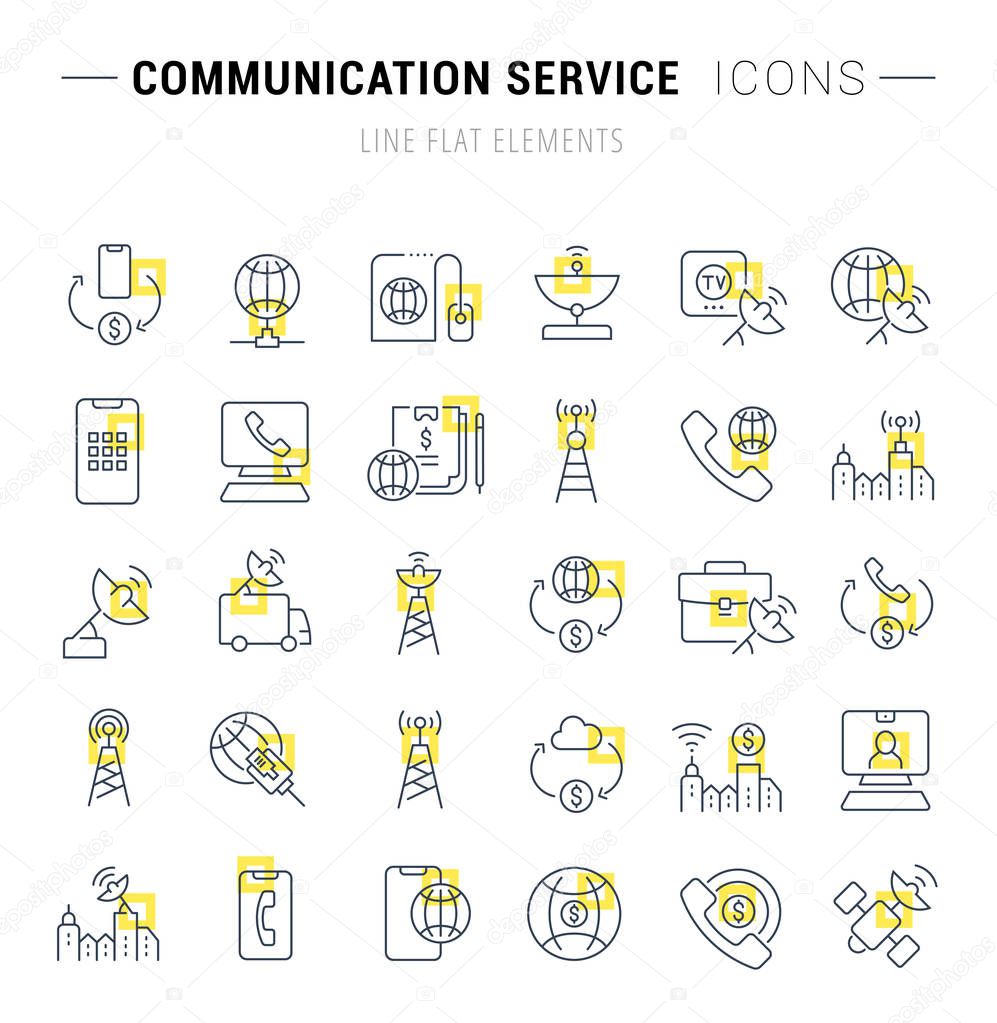 Set of vector line icons and signs with yellow squares of communication service for excellent concepts.
