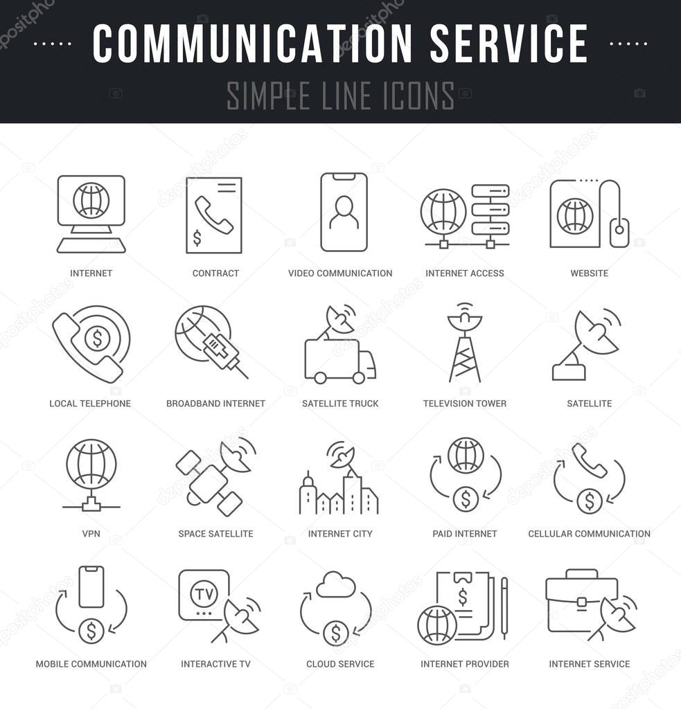 Collection linear icons of communication service with names.