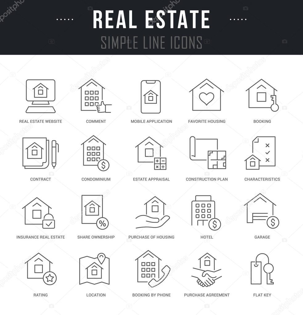 Collection linear icons of real estate with names.