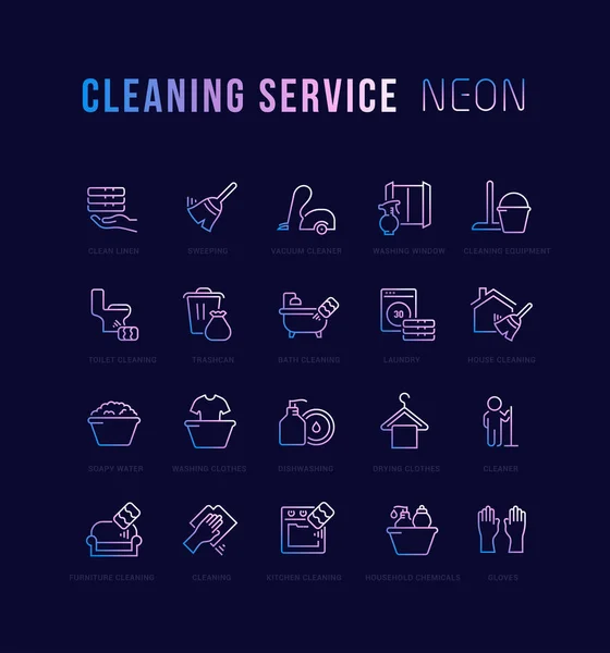Iconos lineales de neón del servicio de limpieza — Vector de stock