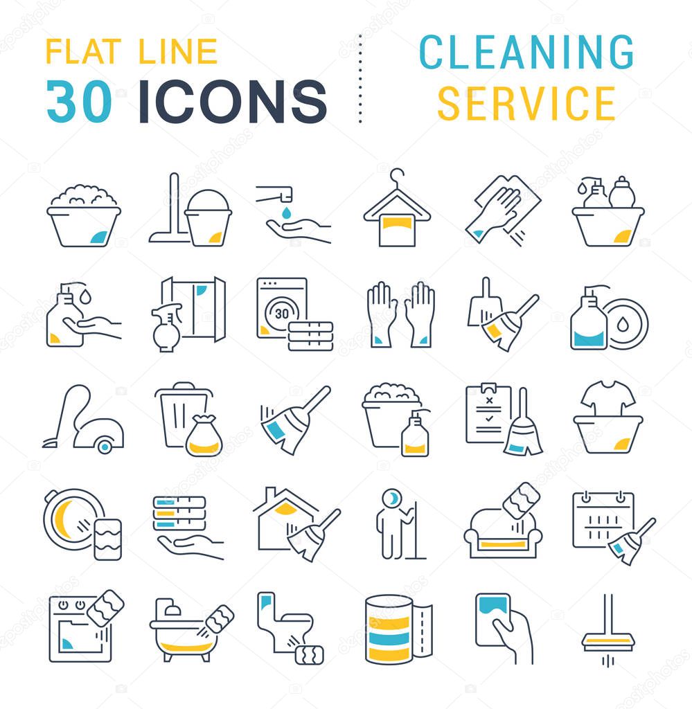 Set of linear icons with colored elements of cleaning service for websites, applications and programs