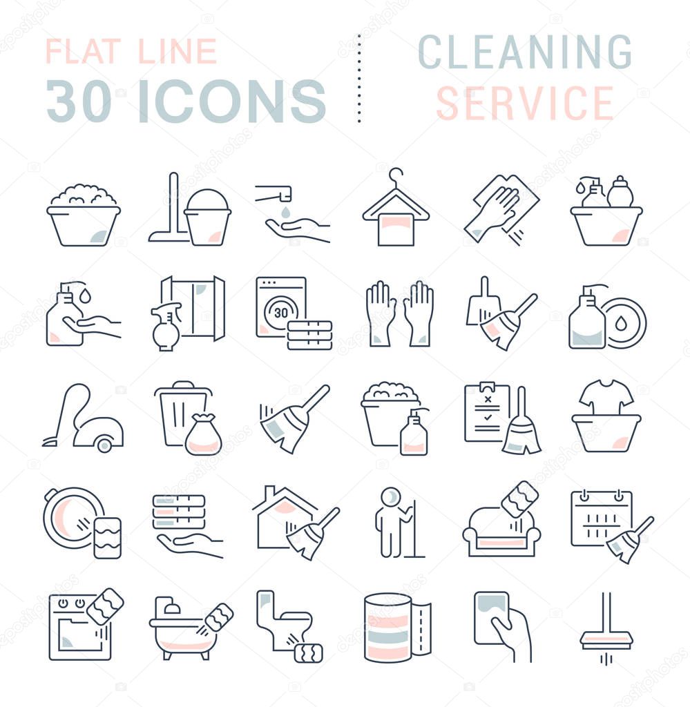 Set of linear icons with colored elements of cleaning service for websites, applications and programs