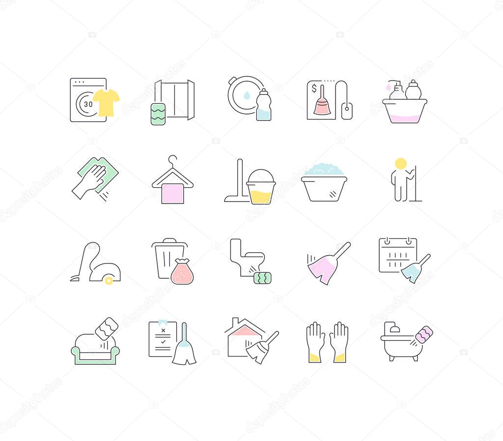 Collection of linear modern icons of cleaning service with colored elements. Icons for infographics and websites