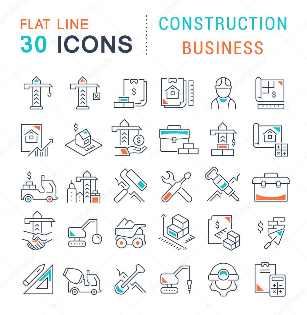 Set of vector line icons of construction business for modern concepts, web and apps.