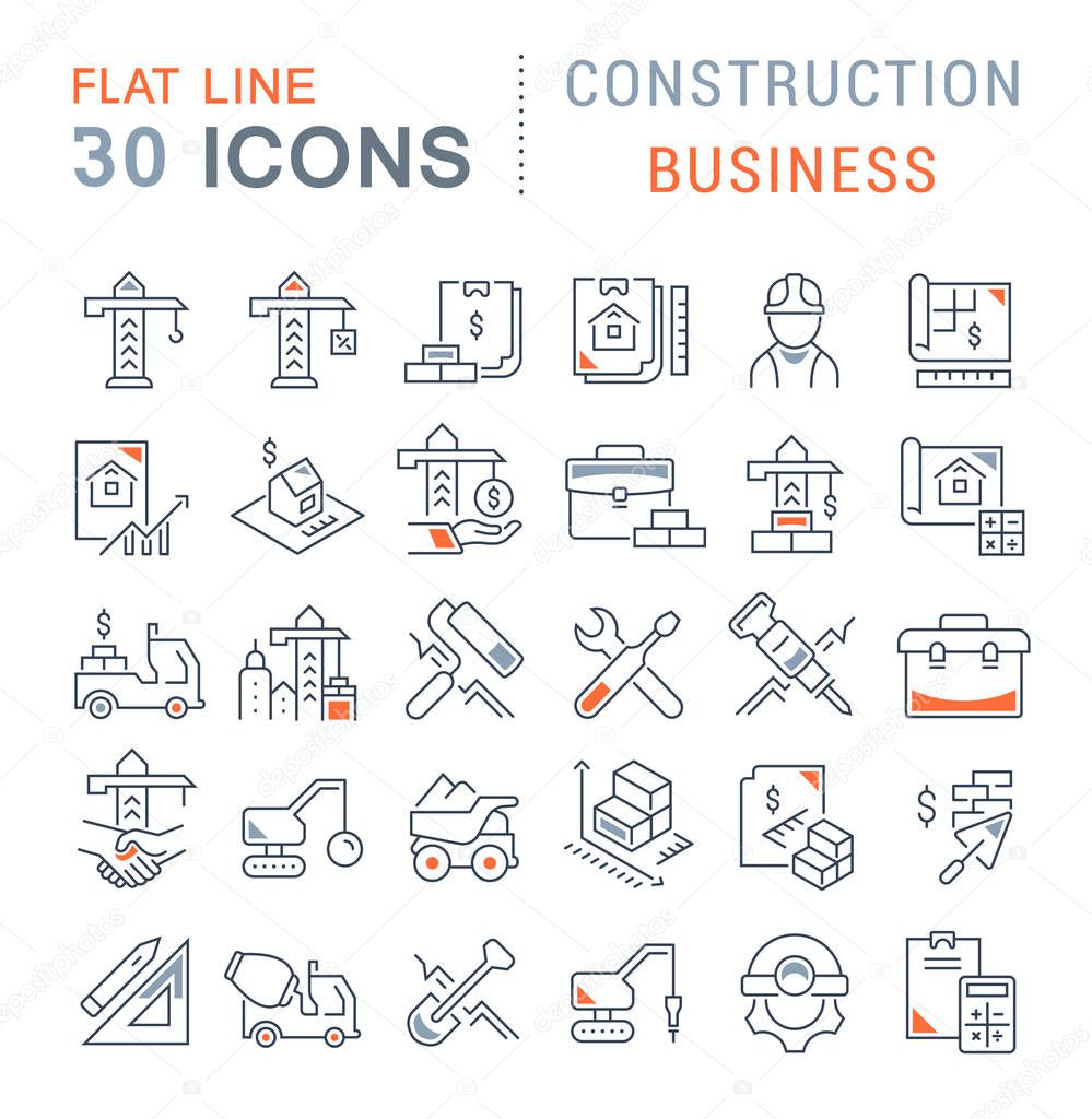 Set of vector line icons of construction business for modern concepts, web and apps.