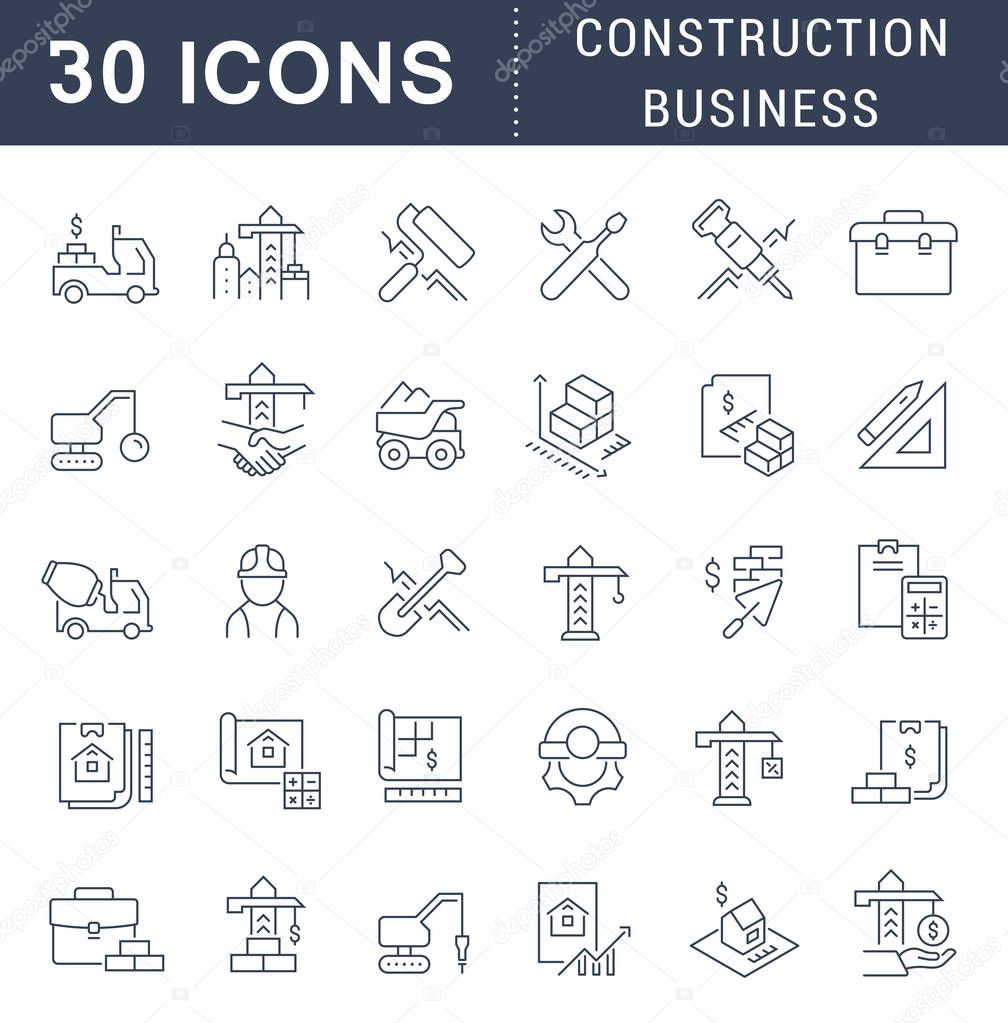 Set of vector line icons of construction business for modern concepts, web and apps.