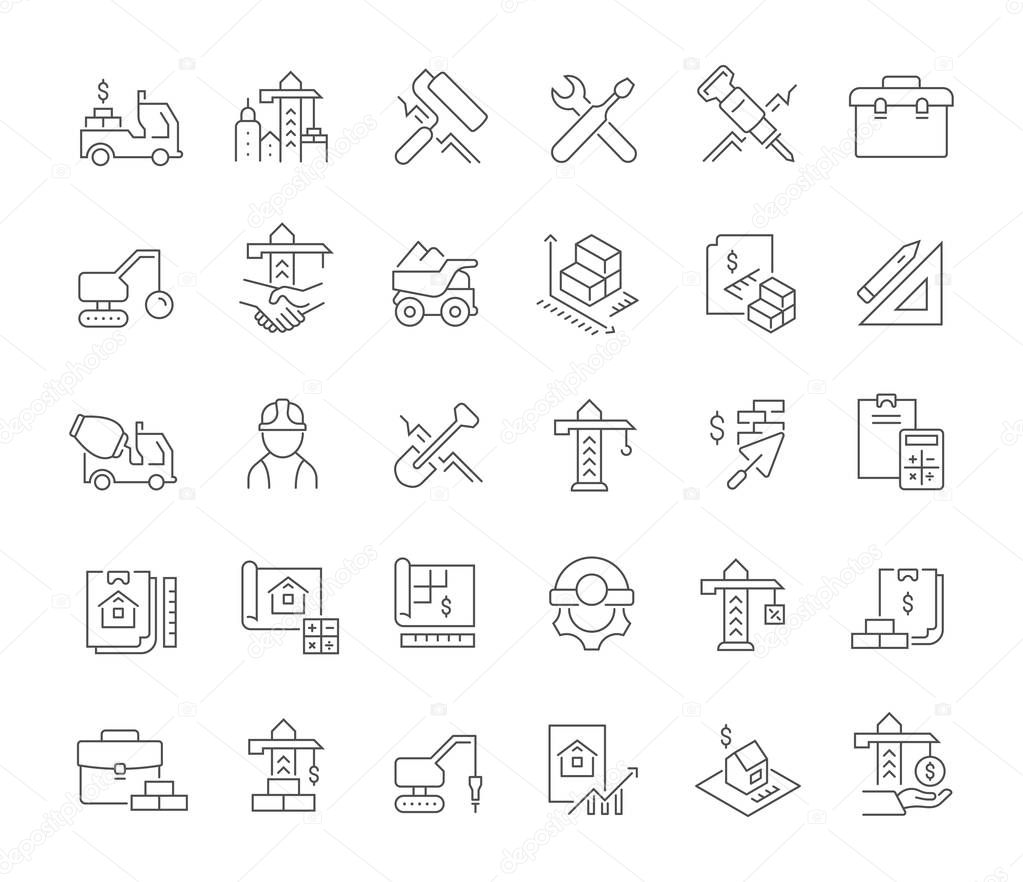 Set of vector line icons of construction business for modern concepts, web and apps.