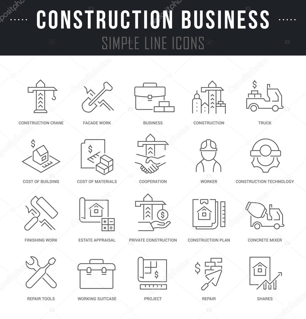 Collection linear icons of construction business with names.