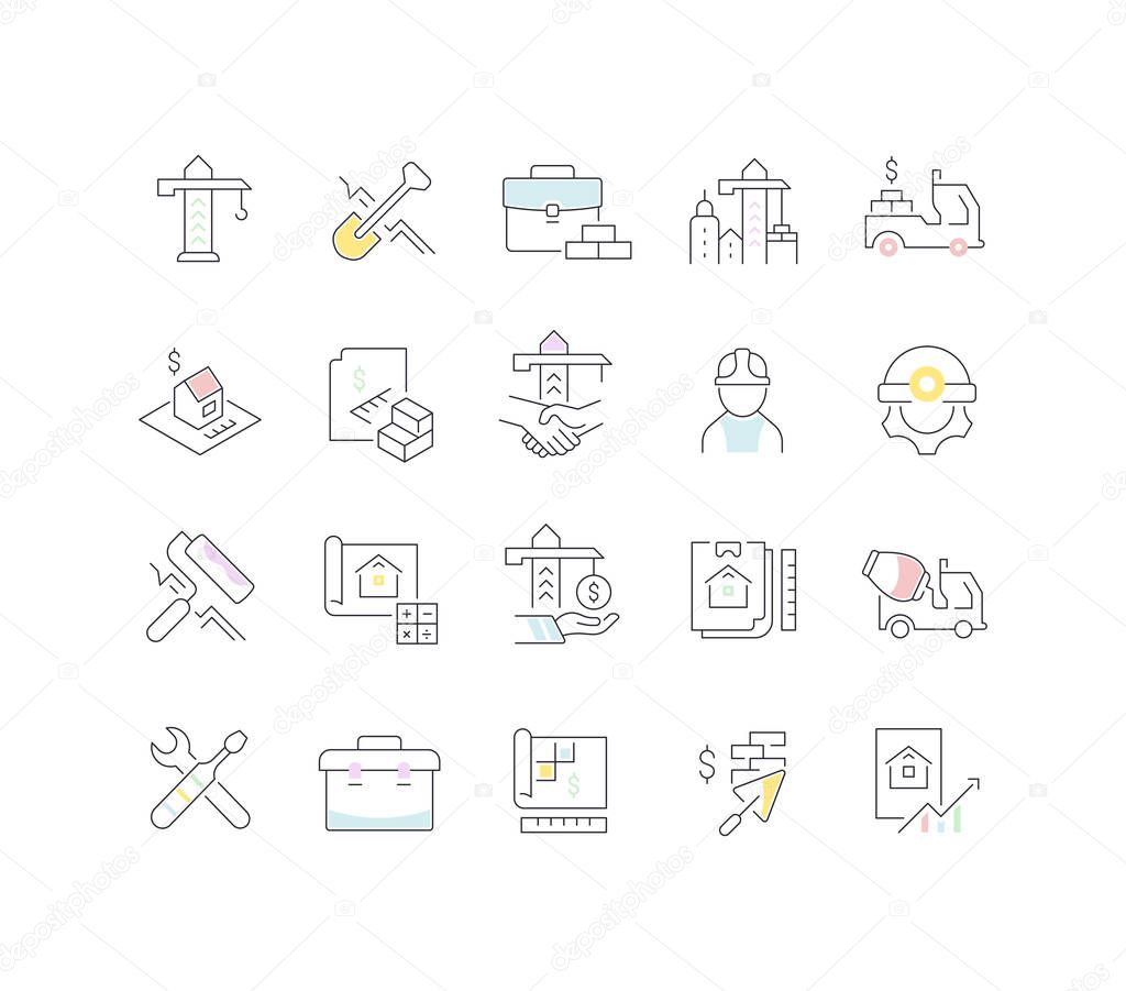 Set of vector line icons of construction business with color elements