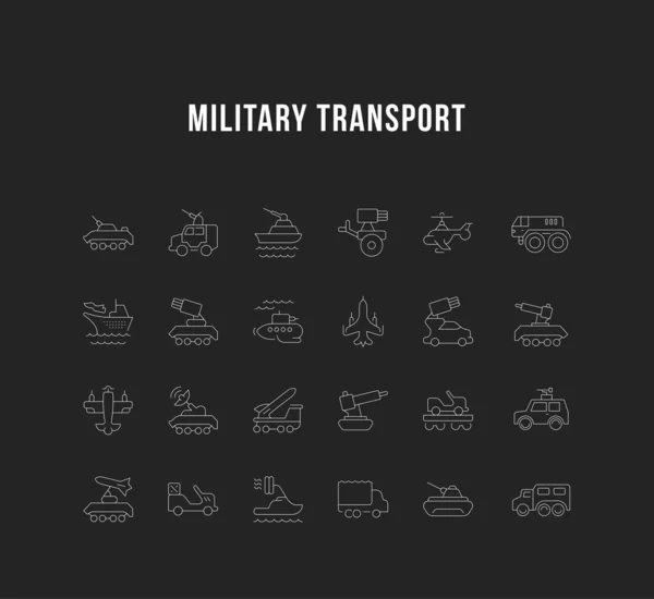 Vektor-Liniensymbole für Militärtransporte setzen. — Stockvektor