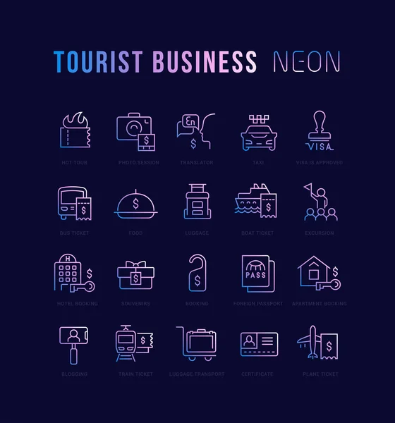 Sammlung linearer Neon-Ikonen des Tourismusgeschäfts — Stockvektor