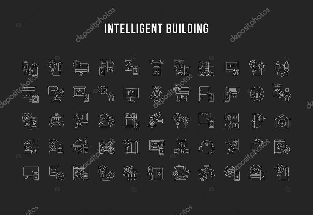 Set of vector line icons of intelligent building for modern concepts, web and apps.