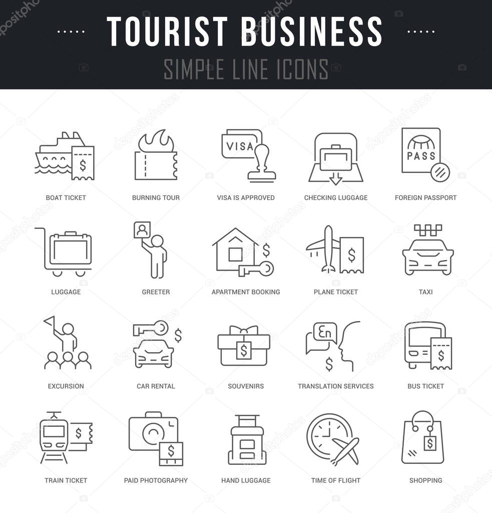 Collection linear icons of tourist business with names.