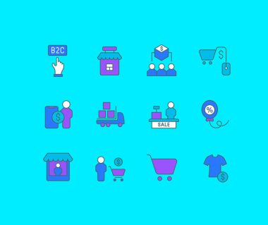 Mavi arkaplanda basit b2c simgeleri koleksiyonu. Web siteleri, mobil uygulamalar ve kavramlar için modern renk işaretleri