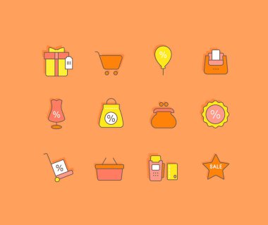 Turuncu arka planda basit siyah cuma simgeleri koleksiyonu. Web siteleri, mobil uygulamalar ve kavramlar için modern renk işaretleri