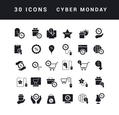 Mobil kavramlar, web ve uygulamalar için basit tasarım siber pazartesi günü siyah beyaz vektör simgeleri koleksiyonu. Modern logoları ve piktogramları ayarla.