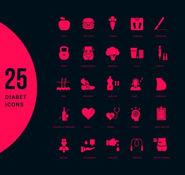 Siyah arkaplanda basit diyabet simgeleri biriktir. Web siteleri, mobil uygulamalar ve kavramlar için modern kırmızı işaretler