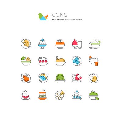 Modern kavramlar, web ve uygulamalar için vektör çizgisi simgeleri, işaret ve yemek sembolleri. Bilgi grafiği ögeleri, logolar ve piktogramlar koleksiyonu.