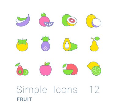 Beyaz arkaplanda basit meyve ikonları biriktir. Web siteleri, mobil uygulamalar ve kavramlar için modern renk işaretleri