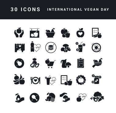 Mobil kavramlar, web ve uygulamalar için basit tasarım ve uluslararası vegan gününün siyah beyaz vektör simgeleri koleksiyonu. Modern logoları ve piktogramları ayarla.