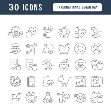 Gezici kavramlar ve web uygulamaları için doğrusal tasarım için uluslararası vegan gününün vektör çizgisi ince simgelerini ayarlayın. Koleksiyon modern infografik resim ve işaretler.