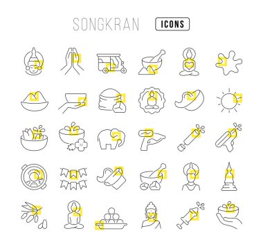 Mobil kavramlar ve web uygulamaları için doğrusal tasarım için Songkran 'ın ince vektör çizgisi simgelerini ayarlayın. Koleksiyon modern infografik resim ve işaretler.