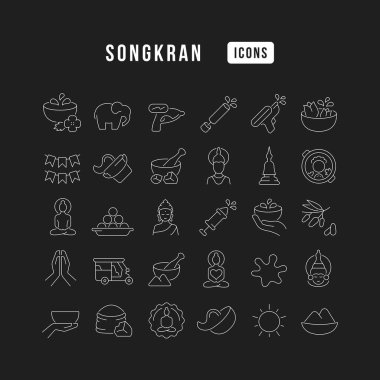 Mobil kavramlar ve web uygulamaları için doğrusal tasarım için Songkran 'ın ince vektör çizgisi simgelerini ayarlayın. Koleksiyon modern infografik resim ve işaretler.