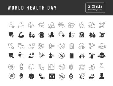 Mobil kavramlar, web ve uygulamalar için basit tasarım içinde dünya sağlık gününün siyah beyaz vektör simgelerinin toplanması. Modern logoları ve piktogramları ayarla.