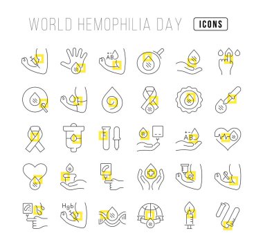 Mobil kavramlar ve web uygulamaları için doğrusal tasarım çizgisinde dünya hemofili gününün vektör çizgisi ikonlarını ayarlayın. Koleksiyon modern infografik resim ve işaretler.