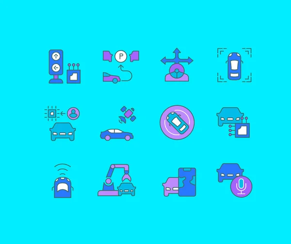 Collection Simple Icons Autonomous Car Blue Background Modern Color Signs — Stock Vector