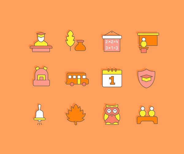 Colección Iconos Simples Vuelta Escuela Sobre Fondo Naranja Signos Color — Vector de stock