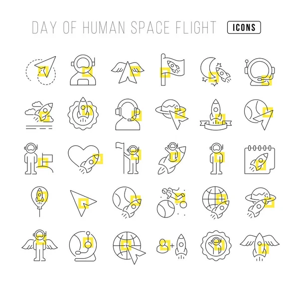 Establezca Iconos Delgados Línea Vectorial Del Día Del Vuelo Espacial — Vector de stock