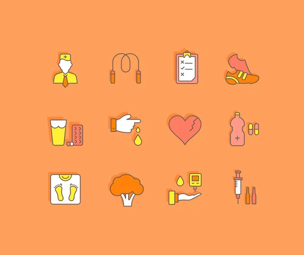 Sammlung Einfacher Diabetsymbole Auf Orangefarbenem Hintergrund Moderne Farbschilder Für Webseiten — Stockvektor
