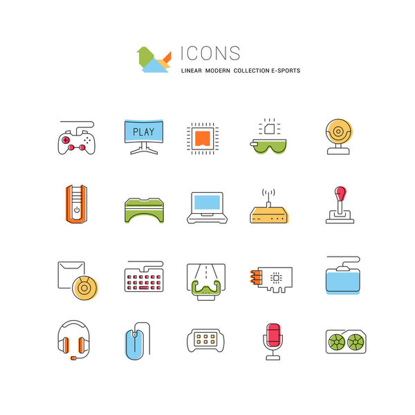 Набор векторных линий иконок электронного спорта для современных концепций, веб и приложений. 