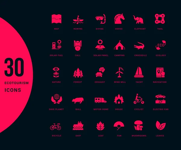 Коллекция Простых Икон Экотуризма Черном Фоне Современные Красные Знаки Веб — стоковый вектор